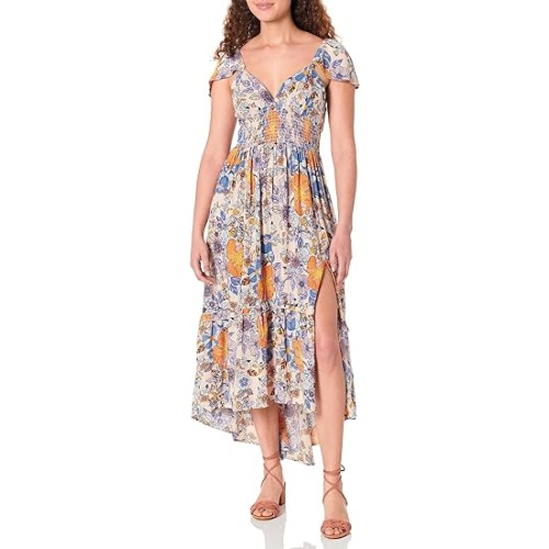 Angie-Womens-Flutter-Sleeve-Lace-Up-Back-Hi-lo-Maxi-Dress-with-Slit